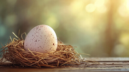 Obraz premium Speckled Bird Egg in Nest on Wooden Surface, Spring Easter Nature Background