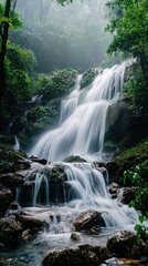Obraz premium Serene waterfall cascading in lush forest with misty atmosphere