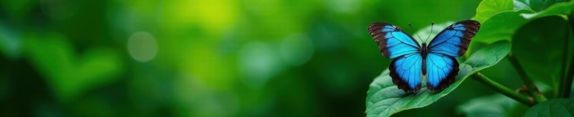 Obraz premium Blue morpho butterfly amidst lush green foliage, butterfly, beautiful, jungle photography