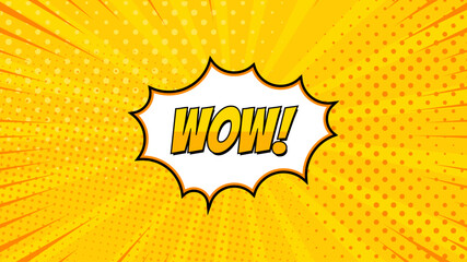 Comic pop art background. Vintage retro design. Yellow radial backdrop with halftone elements and bubble chat.