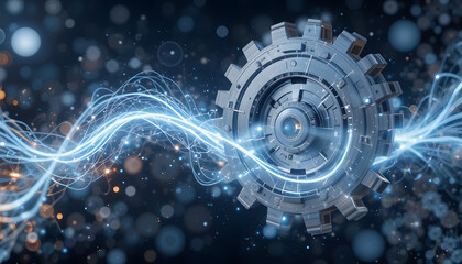 Fototapeta premium Illustration of modern mechanical gear. Cog wheel with electric shock wave traversing around.