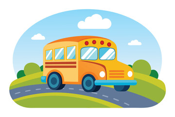 Cheerful Cartoon School Bus Driving on Road with Sky and Landscape Background