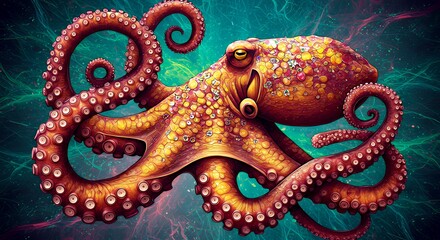 Fototapeta premium Orange Octopus with Gemstone Decoration on a Green and Blue Background