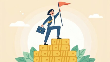 A confident businessperson stands atop a stack of money, raising a flag in a triumphant pose, symbolizing success and achievement.