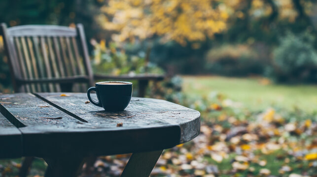 Barebones Outdoor Workstation with Coffee Cup on质朴 Timber Table, Exuding Simplicity and Concentration in a Peaceful Environment
