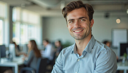 Fototapeta premium A portrait headshot photo of a friendly professional CEO executive business worker: A smiling young man with light brown hair and wearing a light blue button-down shirt poses in a modern office e