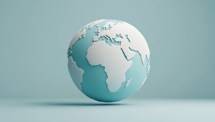 Fototapeta premium A 3D globe with a textured surface, showcasing continents in white against a soft blue background, symbolizing Earth and global connectivity.
