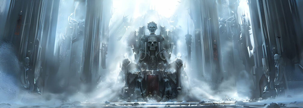 Frozen throne of the Lich King with skeletal monarch seated

