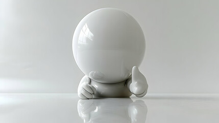 Abstract Sphere with Glossy Surface Reflecting Light on White Background Featuring Figure with Hands Indicating a Pointing Gesture