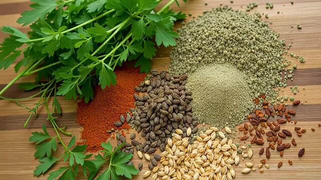 Fresh herbs and spices arranged on a wooden surface  