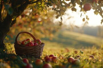 Basket filled with ripe apples rests under tree, bathed in warm