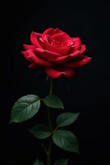 Dark red rose, single dewdrop, black backdrop Top view , still life, petal
