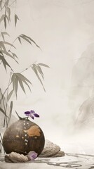 A vase with purple flowers in its mouth stands on the ground 