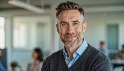 Fototapeta premium A portrait headshot photo of a friendly professional CEO executive business worker: A smiling, middle-aged man with graying hair and a neatly trimmed beard looks directly at the camera in a moder