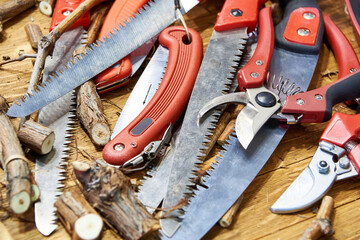 Garden tools, scissors, wood saw