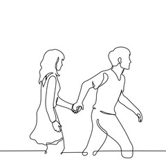 man leading woman by the hand - one line art vector. concept dominant and submissive or passive, bold and cowardly, confident and shy, heterosexual couple