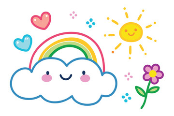Colorful Rainbow Cloud with Smiling Sun, Pink Heart, and Cute Flower on White Background