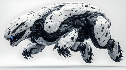 Abstract White and Black Mechanical Creature on White Background Rendered with Digital Precision