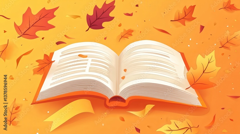 Fototapete orange banner stretches across an open book with autumn leaves falling around it, creating a warm an