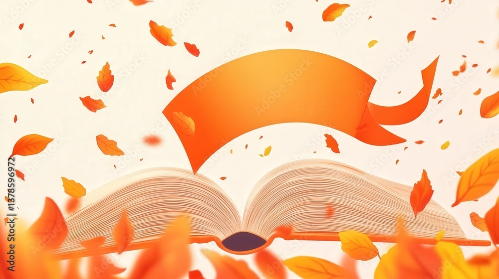 Fototapete orange banner stretches across an open book with autumn leaves falling around it, creating a warm an