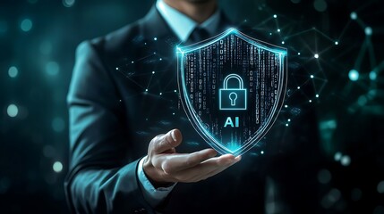 Man Holds AI Shield with Lock Icon, Digital Security Cybersecurity Concept