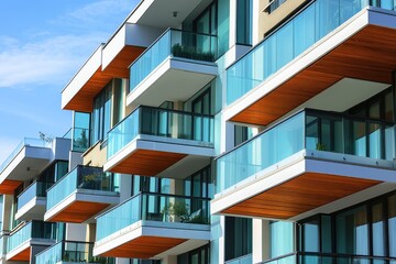 Glass balconies on modern apartment complex near the sea. AI generated illustration.