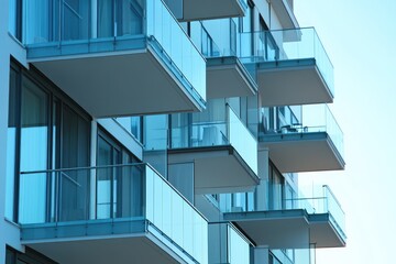 Obraz premium Glass balconies on modern apartment complex near the sea. AI generated illustration.