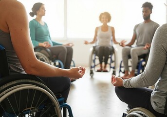Group of diverse people with disabilities practicing yoga and meditation in wheelchairs, promoting inclusivity and well being