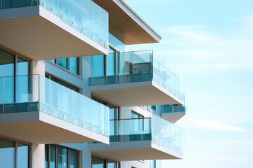 Glass balconies on modern apartment complex near the sea. AI generated illustration.