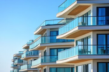 Glass balconies on modern apartment complex near the sea. AI generated illustration.