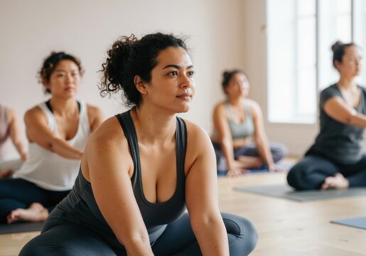 Group of women practicing yoga in studio, embracing body positivity and mindfulness