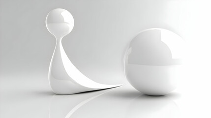 Abstract White Spheres and Geometric Form on a Glossy Surface in a Clean Studio Setting with Soft Lighting and Smooth Reflections