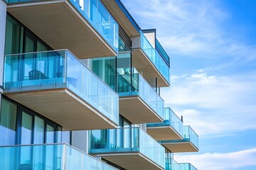 Glass balconies on modern apartment complex near the sea. AI generated illustration.