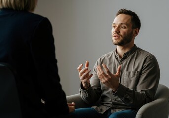 Patient explaining his problems during therapy session with psychologist