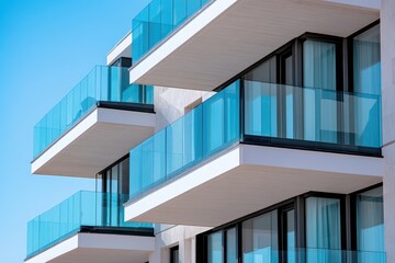 Glass balconies on modern apartment complex near the sea. AI generated illustration.