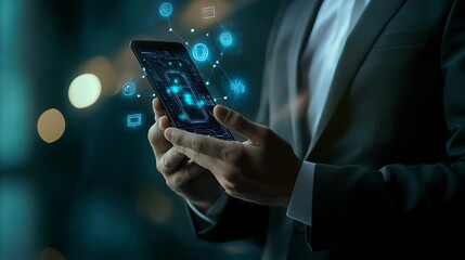 Man in Suit Holding Futuristic Smartphone with Digital Network Overlay Display