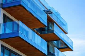 Glass balconies on modern apartment complex near the sea. AI generated illustration.