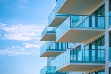 Glass balconies on modern apartment complex near the sea. AI generated illustration.