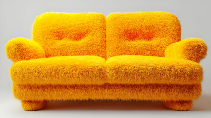 Abstract Yellow Shaggy Sofa with Textured Surface in Bright Studio Lighting on White Background