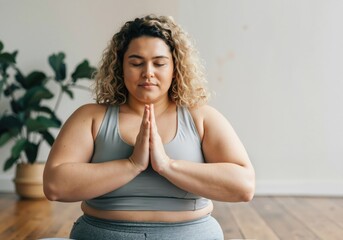 Curvy woman meditating with hands together and eyes closed, finding peace and promoting body positivity through yoga