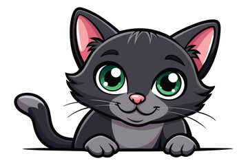 Fototapeta premium Cute Gray Cartoon Cat with Green Eyes on Transparent Background, Smiling