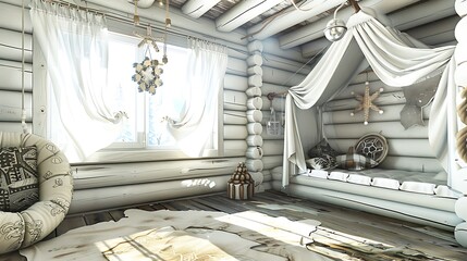 A bright and cozy rustic cabin interior with light and air