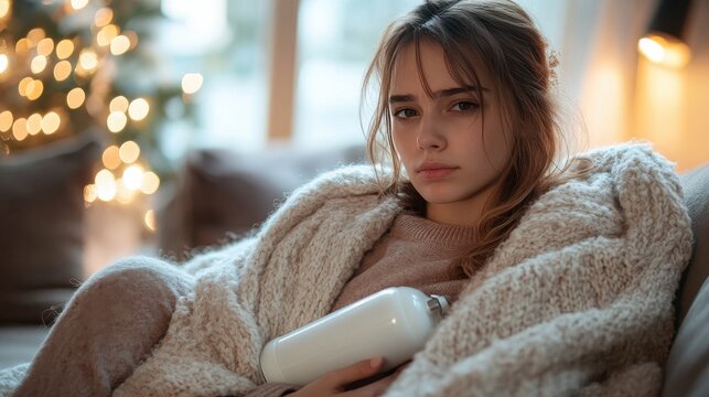 Young woman resting with a hot water bottle during winter