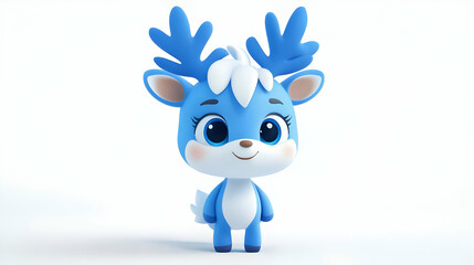 Adorable Blue Cartoon Deer with White Accents and Antlers on a White Background