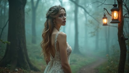 Fototapeta premium Mystical woman in enchanted forest. Young female in elegant lingerie with floral decor in foggy wood. Fantasy fairy tale allure. Gentle look back. Romantic soft focus, ethereal dreamy look. Model