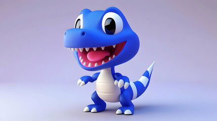 Adorable Blue Dinosaur Cartoon Character with Big Eyes Open Mouth and Striped Tail on Light Purple Background