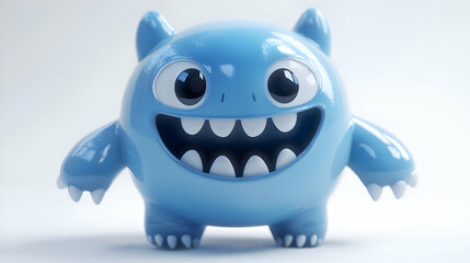Adorable Blue Monster Toy with Big Teeth and Shiny Texture on White Background Cartoon Character Design Playful and Cheerful