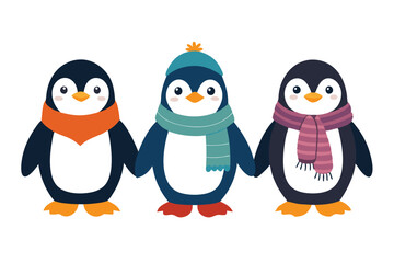 Cute Cartoon Penguins Holding Hands Vector, Hat Scarf, Isolated On White Background