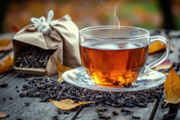 Glass cup of black tea with dry tea bags and scattered tea leaves on wooden background. AI generated illustration.