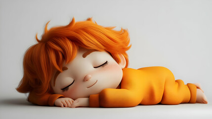 Adorable Cartoon Boy with Fiery Orange Hair Enjoying A Peaceful Nap On White Background in Sleepy Dream State